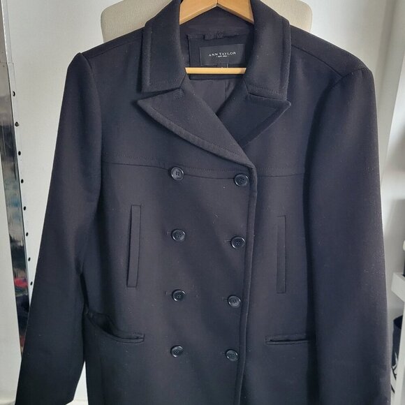ANN TAYLOR BLACK DOUBLE BREAST WOOL JACKET (Size: Large) - Picture 1 of 12